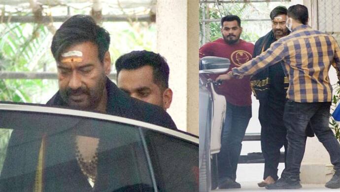 बढ़ी दाढ़ी, माथे पर चंदन का तिलक और काले कपड़ों में दिखे Ajay Devgn, नंगे पैर यहां आए नजर