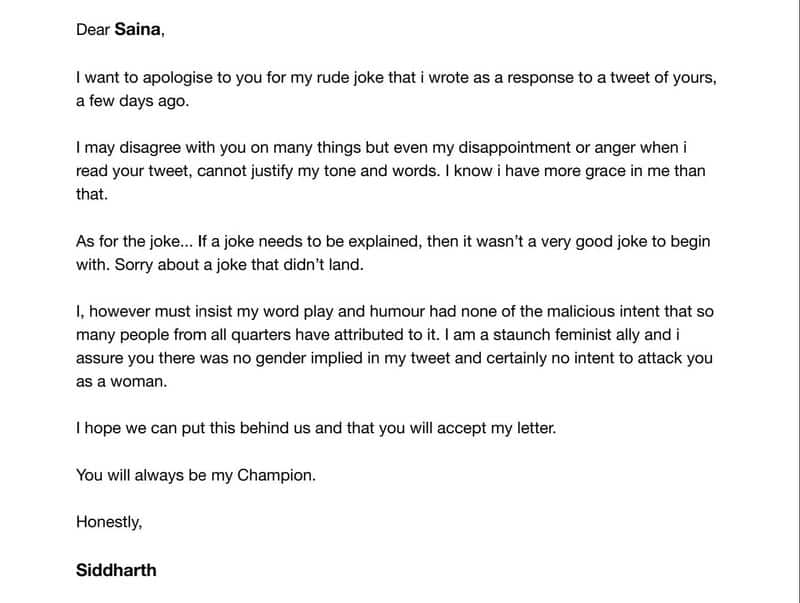 Actor siddharth apology letter to saina nehwal