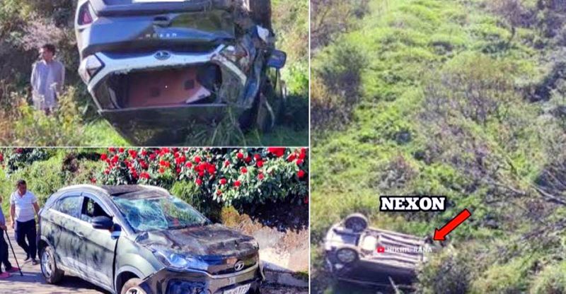 Tata Nexon falls off a 200 foot downhill but  all passengers are safe