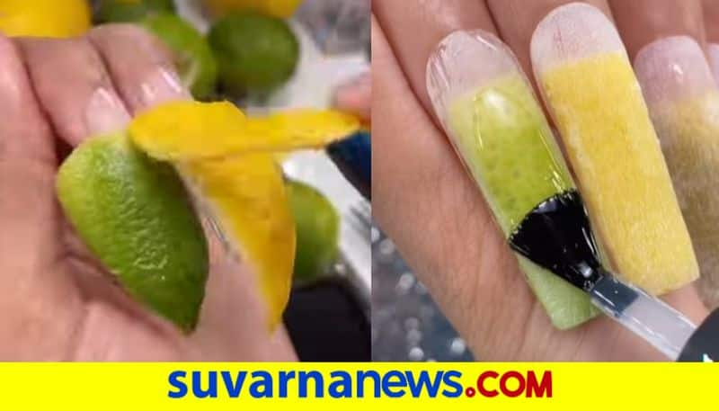 Woman Makes Nail Art With Lemons