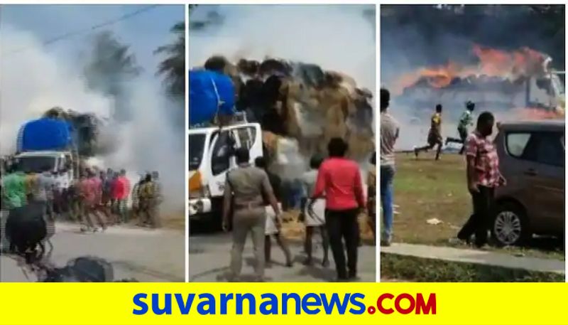 man drives lorry to safety after rice straw load catches fire in Kerala akb