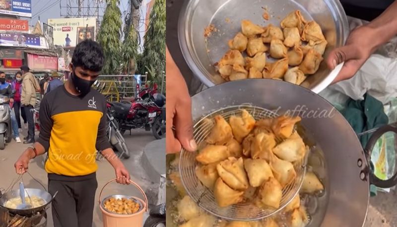 samosa seller who carries makeshift gas stove while walking through streets