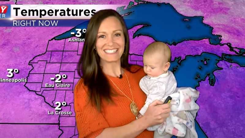 News anchor holds her Baby during live weather forecast bulletin