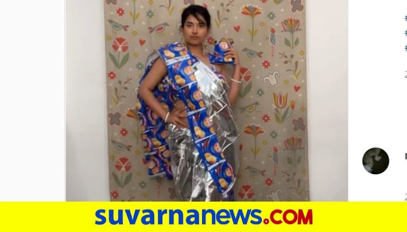 Woman makes saree with potato chips packets watch viral video akb