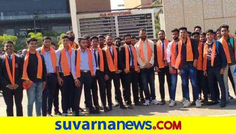 Belagavi Students arrive to colleges wearing saffron Shawl Chant Jai Shriram mnj