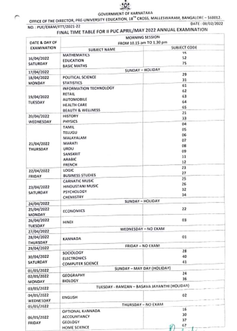 Karnataka 2nd PUC Time Table 2022 released exams from April 16 mah