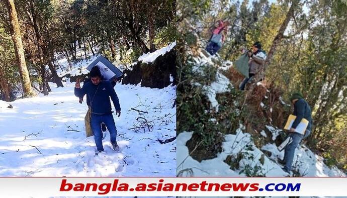 প্রবল তুষাড়পাত, কাঁধে ইভিএম নিয়ে চলেছেন ভোটকর্মীরা - উত্তরাখণ্ডের ভোটে বড় চ্যালেঞ্জ প্রকৃতি