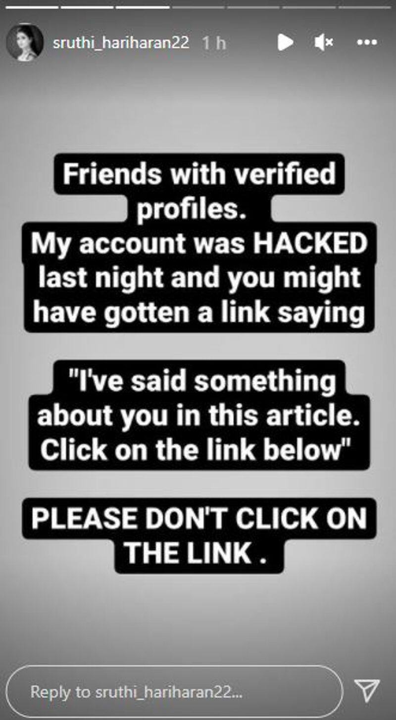 Kannada actress Sruthi Hariharan account hacked Ramya leaks hacker messages vcs