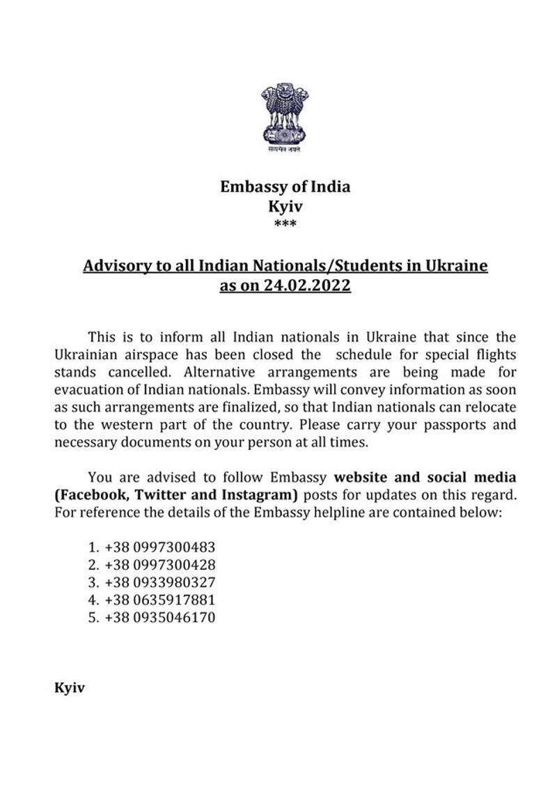 Advisory of all Indian nationals by Embassy of India Kyiv