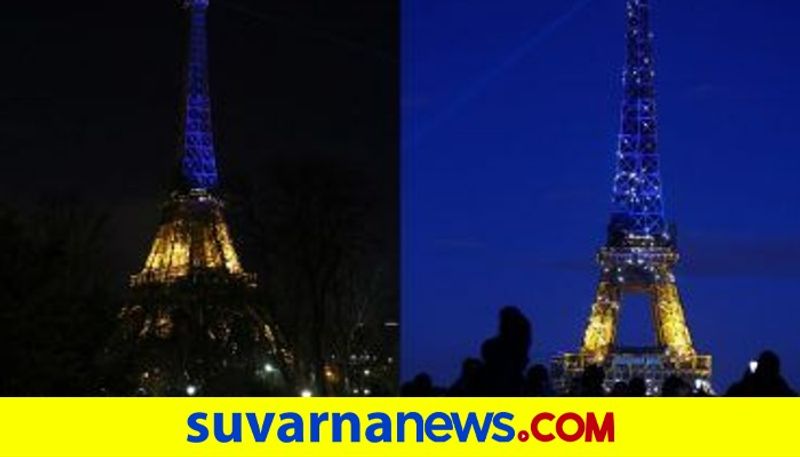 Eiffel Tower Lights Up In Colours Of Ukranian National Flag akb