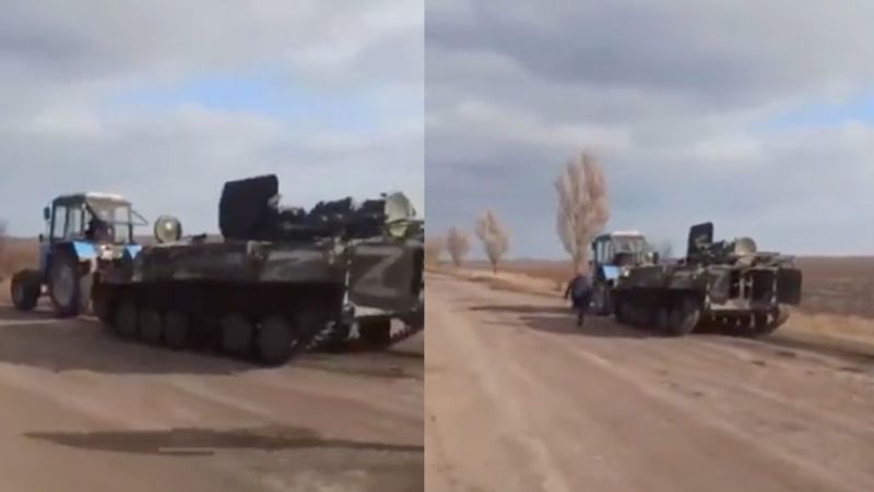 Ukrainian farmer fights back vladimir putin aggression Tows away russian military tank san