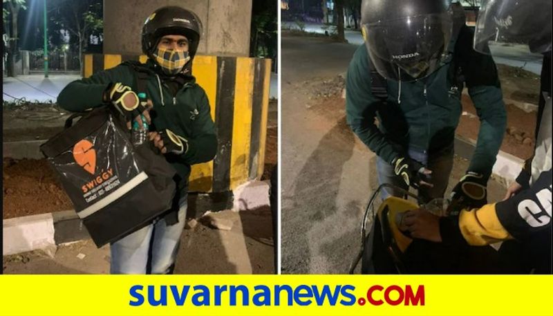 Swiggy delivery boy gives petrol from his own bike to strangers who stranded in the middle of the road at midnight akb