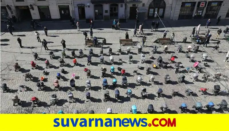 Russia Ukraine war Empty Strollers Lined Up In Lviv Central Square As Symbol Of Children Killed In War