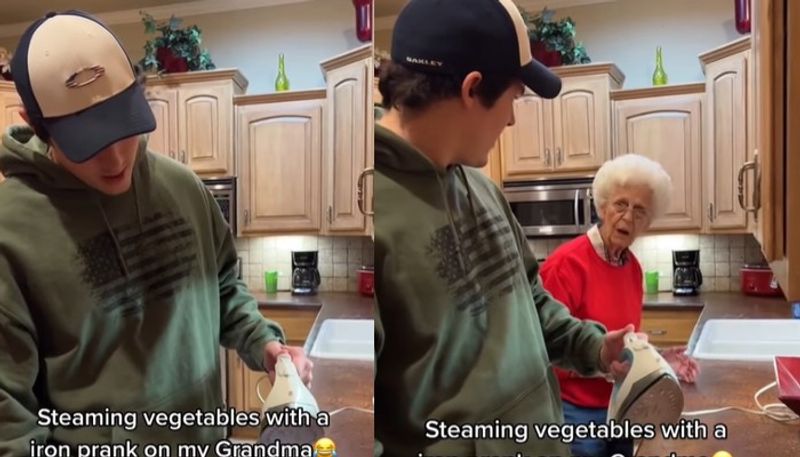 teenager pranks grand mother by steaming vegetables with iron box