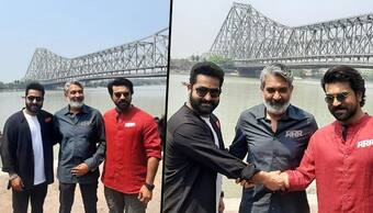 RRR: Ram Charan, Jr NTR, SS Rajamouli in Kolkata; pose in front of Howrah Bridge