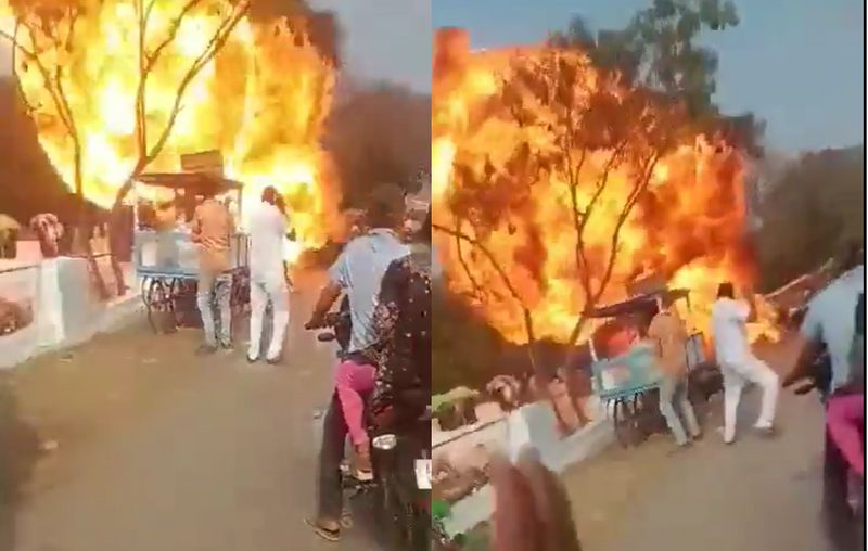 Royal Enfield Bike Catches Fire and Burst in Flames Outside Andhra Pradesh Temple ckm