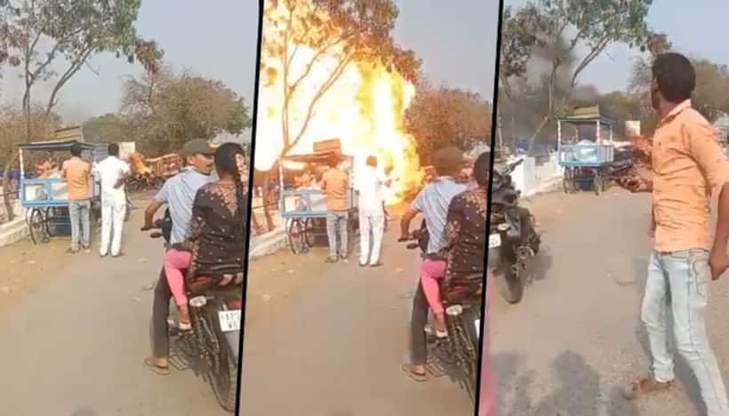 Watch: Royal Enfield bike catches fire, explodes in flames outside temple in Andhra Pradesh