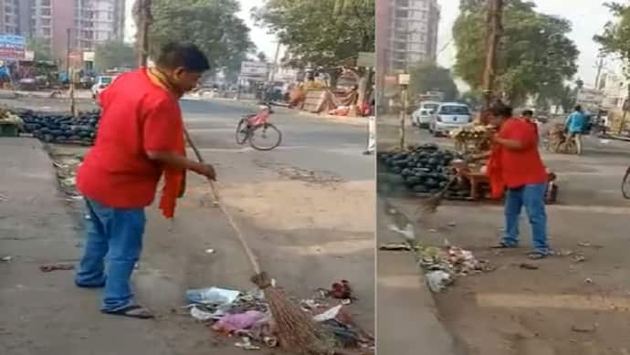 नहीं पहुंचे सफाईकर्मी तो परेशान पार्षद पति ने खुद लगाई झाड़ू, कहा- गुमराह करते हैं लखनऊ नगर निगम के अधिकारी