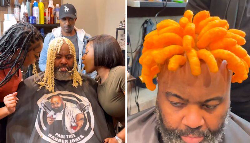 Watch Man getting bizarre food haircuts using noodles, Cheetos, and many more leaves netizens stunned