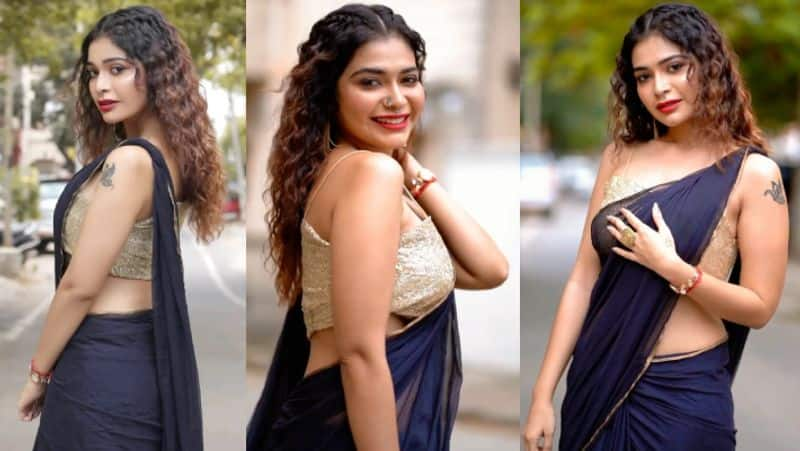 Dharsha Gupta : சேலையில் பளீச் என இடுப்பை காட்டி பரவசமூட்டும் தர்ஷா குப்தா... வைரலாகும் கிளாமர் கிளிக்ஸ்