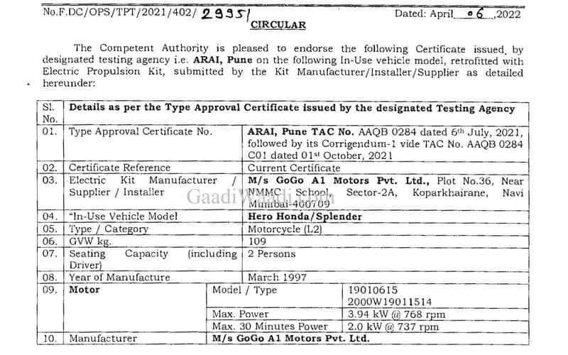 GoGo A1 electric conversion kit for the Hero Splendor bike approved in India