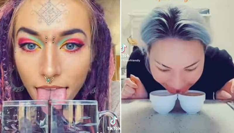 woman with split tongue tastes water and sprite at a time