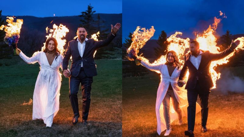 Hollywood stunt couple Gabe jessop and Ambyr bambyr set themselves on fire in wedding