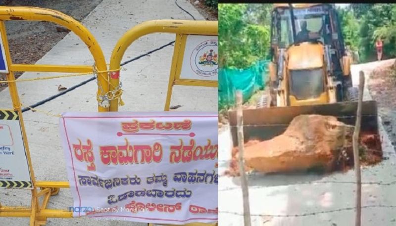 bjp Leaders Closed Road with  barricade For mla should inaugurate at chikkamagaluru rbj