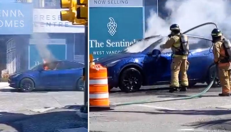 Watch Tesla's model Y catches fire, driver escapes smashing the window-tgy