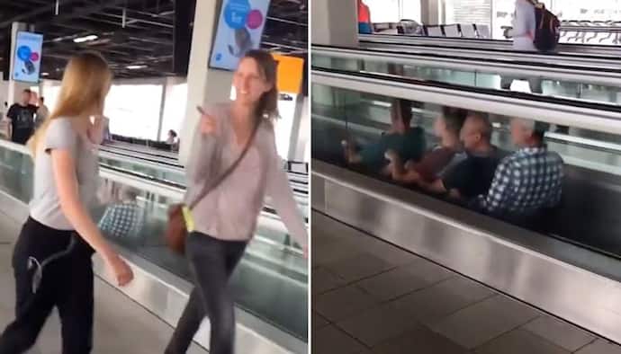 Watch: 4 men rowing on a moving walkway at an Amsterdam airport has left internet in splits