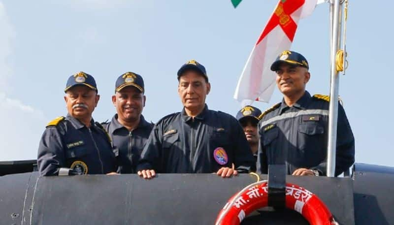 Defence Minister Rajnath Singh takes sea sortie on Indian Navy Submarine INS Khanderi Karwar mnj 