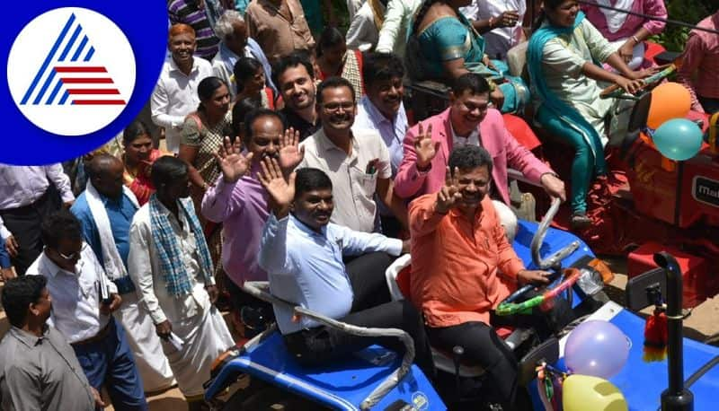 bjp mla mp renukacharya drives tractor during village stay program in davanagere district gvd