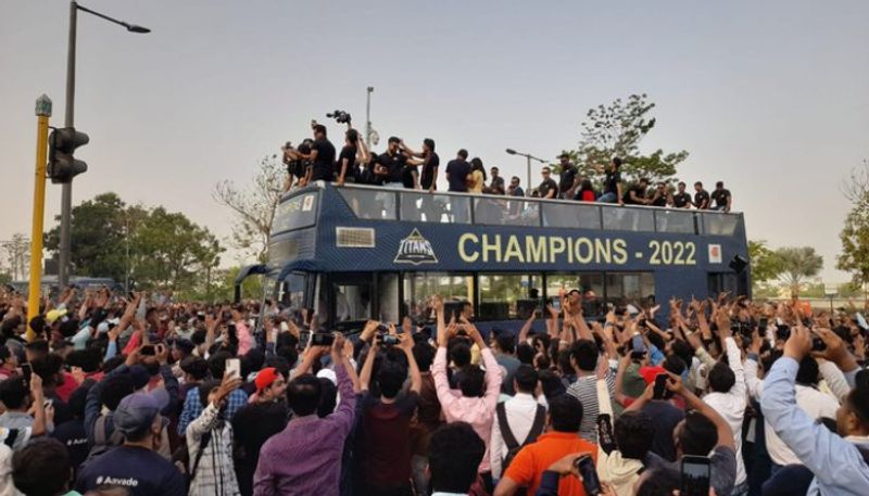 IPL 2022 Champions Hardik Pandya led Gujarat Titans celebrate victory by road show in Ahmedabad kvn