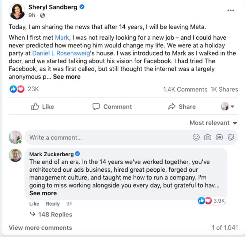 End of an era writes Zuckerberg after Sheryl Sandberg steps down as Meta COO gcw