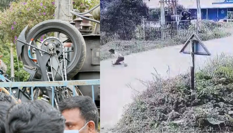 Shocking video of bike went up the road and fell on the transformer fence