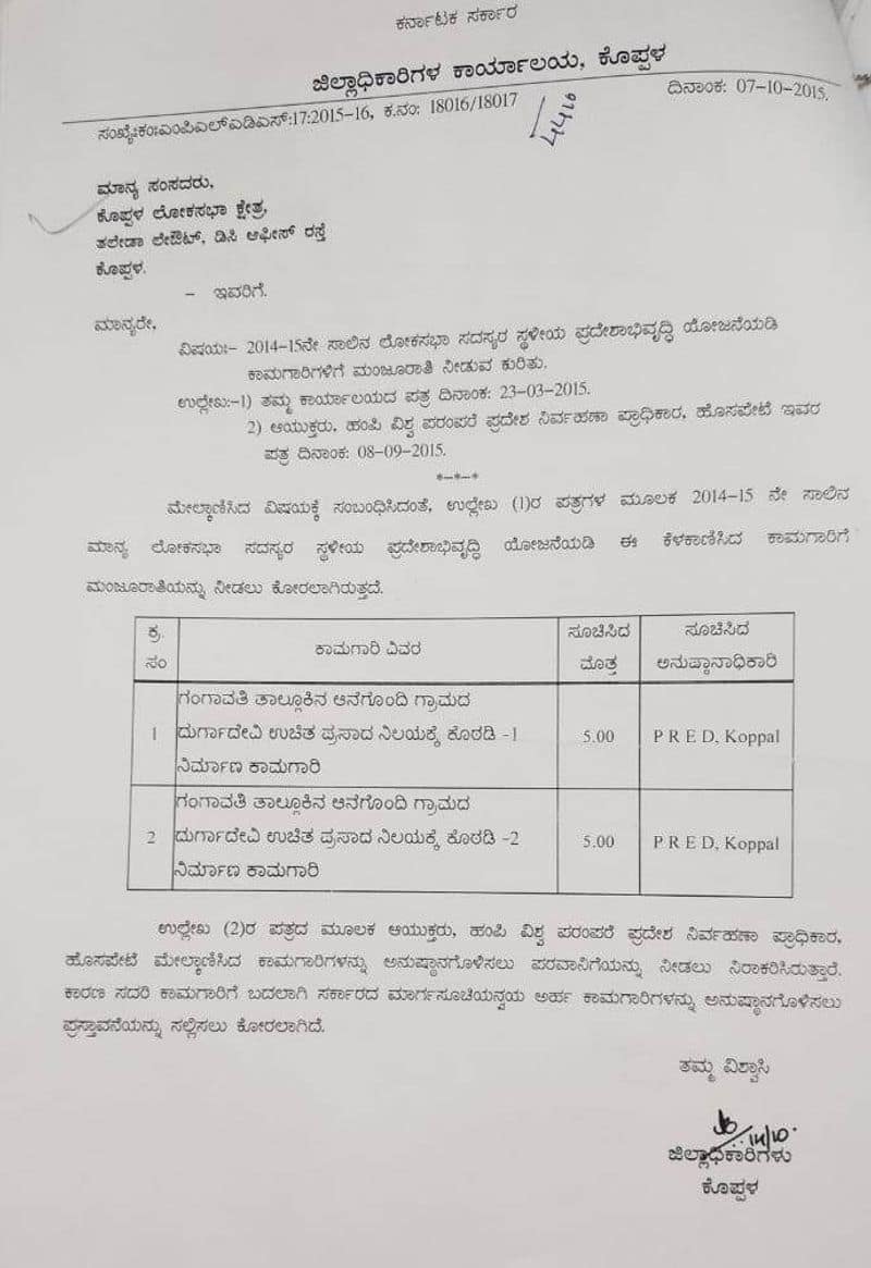 Koppal MP Sanganna Karadi's 10 Lakh Grant Back Due to Hampi Authority Did Not Approve grg