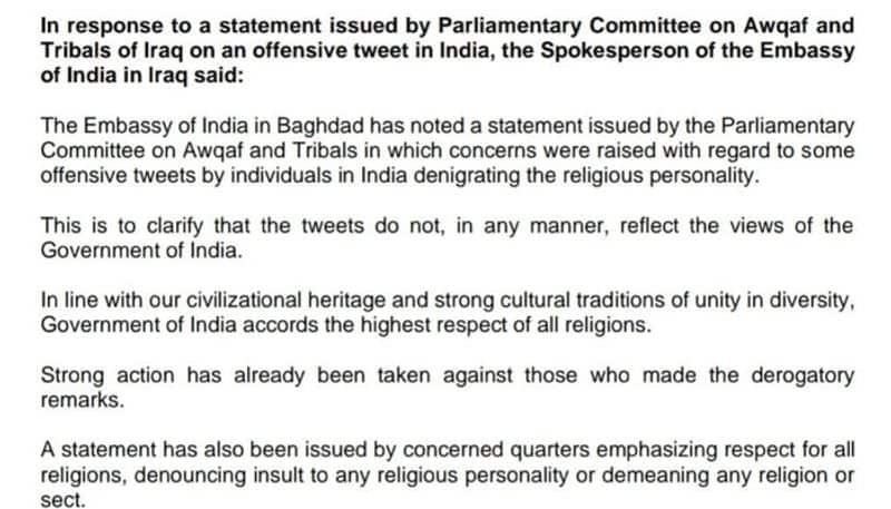 Iraq condemn remarks on Prophet, BJP leaders' statement is not India's position says Indian Embassy in Iraq