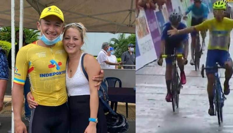 Cyclist lost control smashes his wife after the  victory