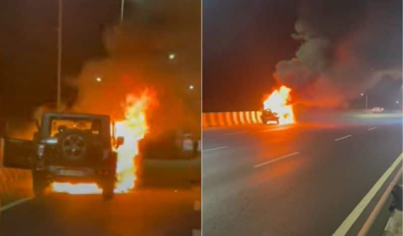 Moving New Mahindra thar catches fire in Delhi and Panipat Highway No one injured ckm