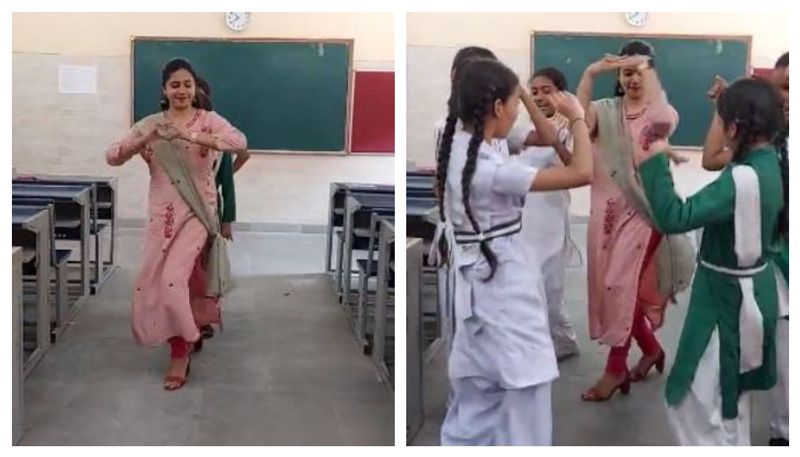 Teacher and students dance to Jhumka Bareli Wala in an empty classroom