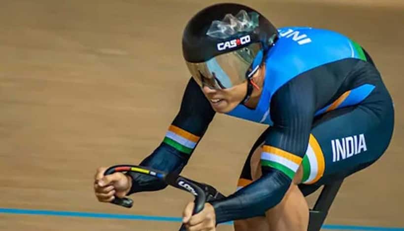 India celebrates Ronaldo Singh's new national record clocked during Asian Track Cycling Championship