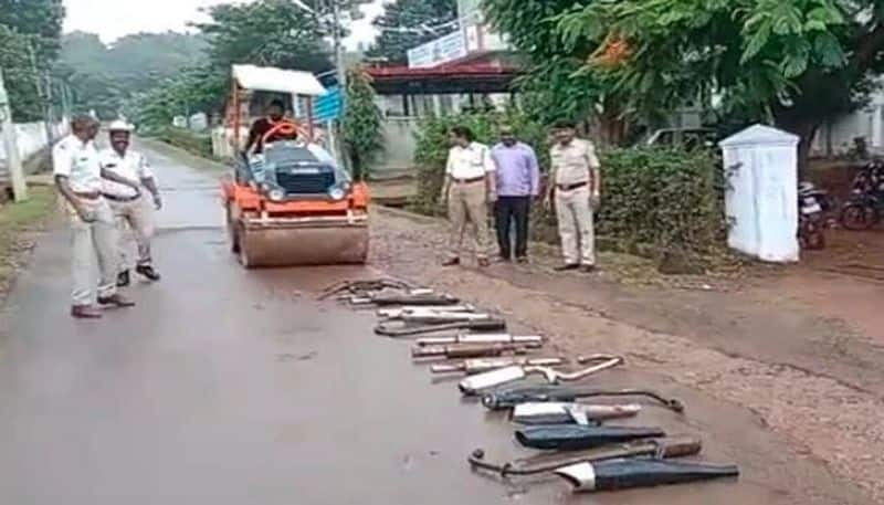 Police destroyed Sized half helmets And Bike silencers in chikmagaluru rbj