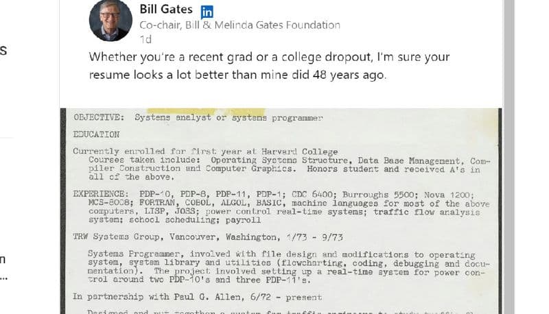 Tech giant Microsoft co founder Bill Gates Shares His 48 Year Old Resume akb