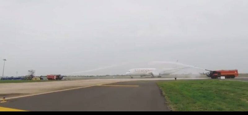 Ethiopian Airlines launches flights to Chennai, first flight welcomed with a water salute