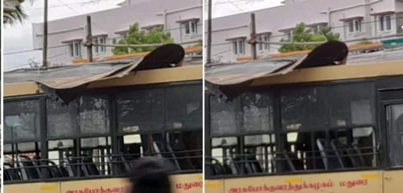 In Madurai  passengers were shocked when the roof of the bus flew off