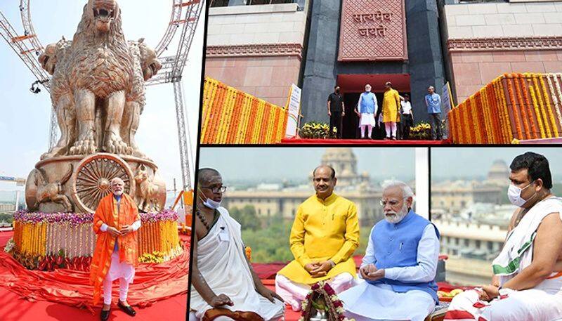 PM Modi unveils 9500 kg 6 5m long bronze National Emblem cast on new Parliament building gcw