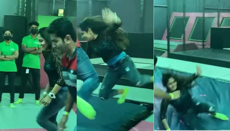 sreethu krishnan and nikhil nair in trampoline park video