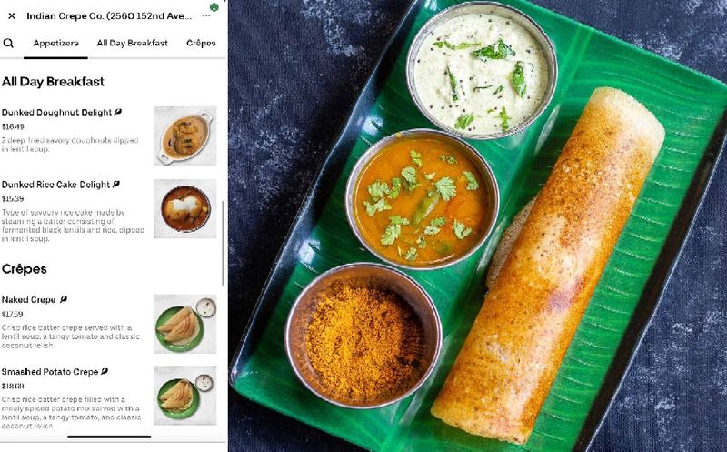 us restaurant lists all south indian foods including dosa with different names