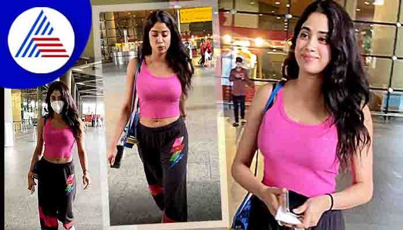 bollywood Actress janhvi kapoor spotted at airport in pink crop top sgk