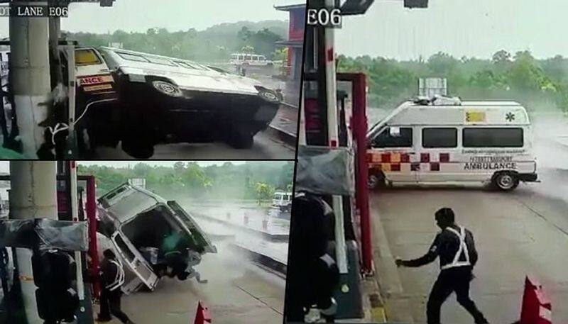 Video Speeding ambulance skids, crashes against Udupi toll plaza; 4 dead